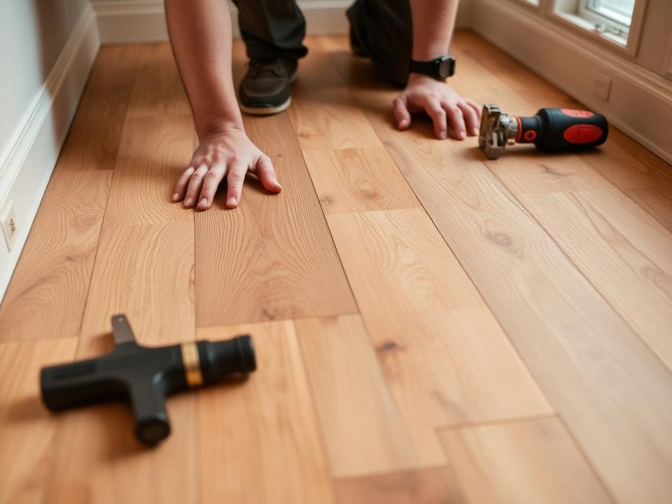 Installer laying warm oak hardwood flooring