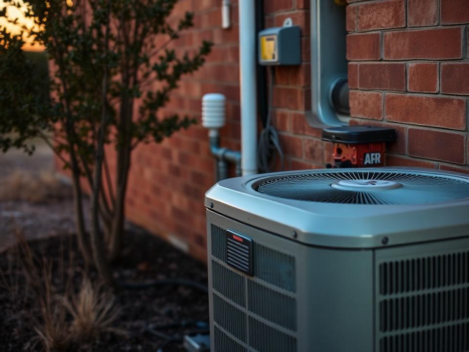 HVAC technician's condenser unit outside a home at dusk