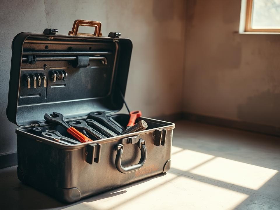 Open plumber's toolbox with wrenches on a jobsite floor