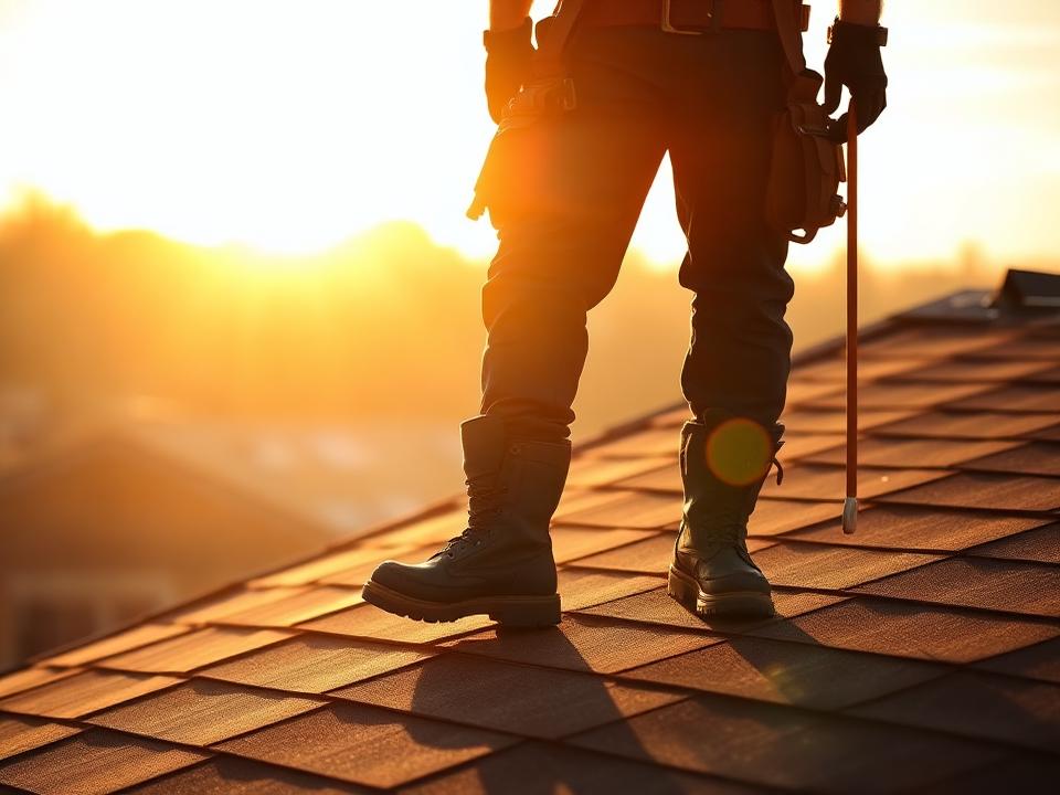 Roofer standing on a shingle roof at sunrise